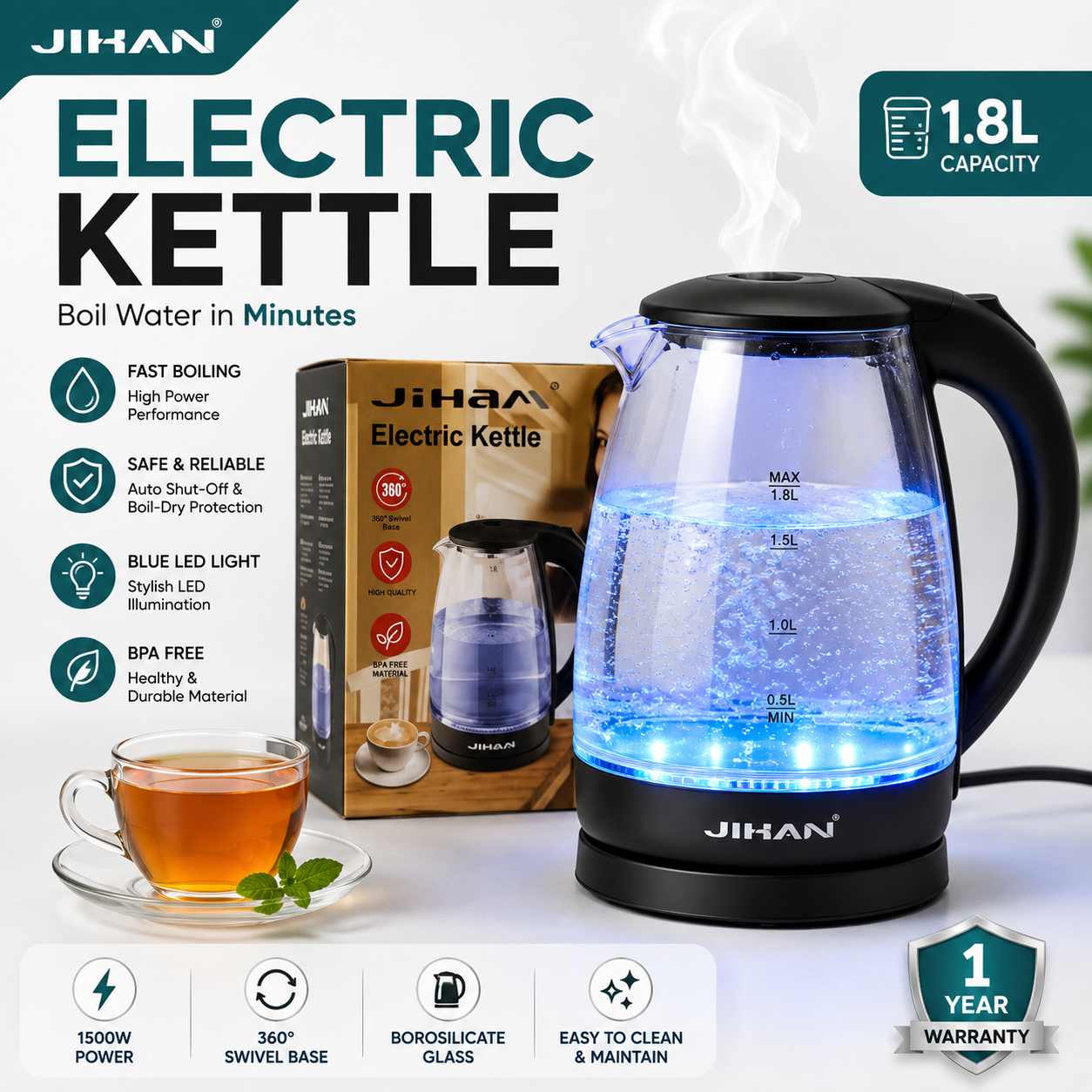 JIHAN 1.8L Electric Glass Kettle with Blue LED Light