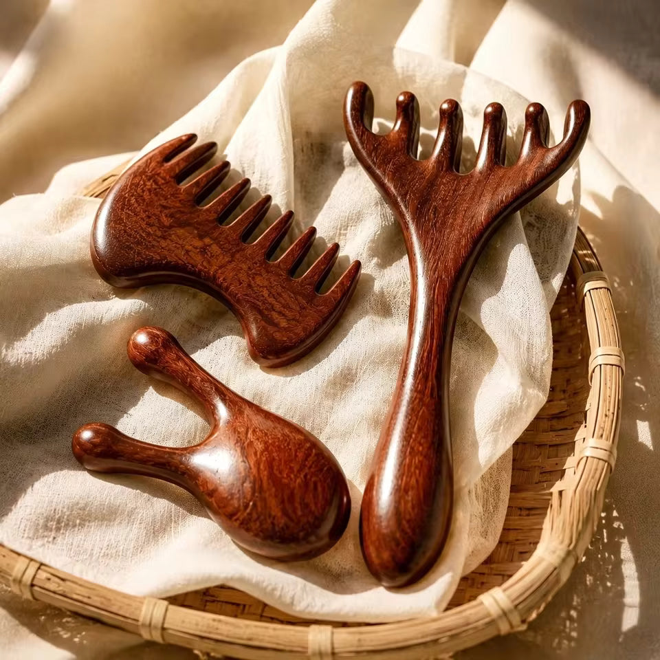 Natural Sandalwood Scalp Massage Comb, 5 Finger Anti Static Hair Brush, Wooden Head Massager Tool for Neck Relaxation & Home SPA